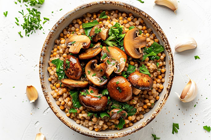 Assiette composée de lentilles et de champignons