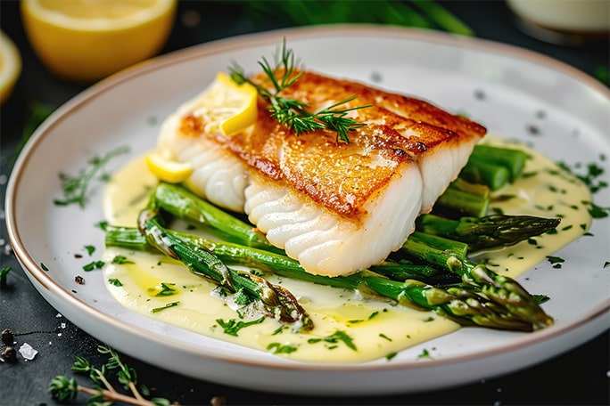 Poisson cuit accompagné d'asperges dans une assiette blanche